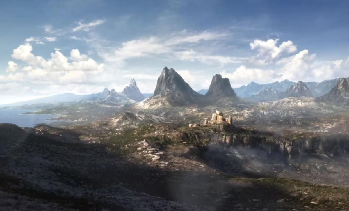 The Elder Scrolls 6 teaser trailer screenshot showing a fantasy landscape.
